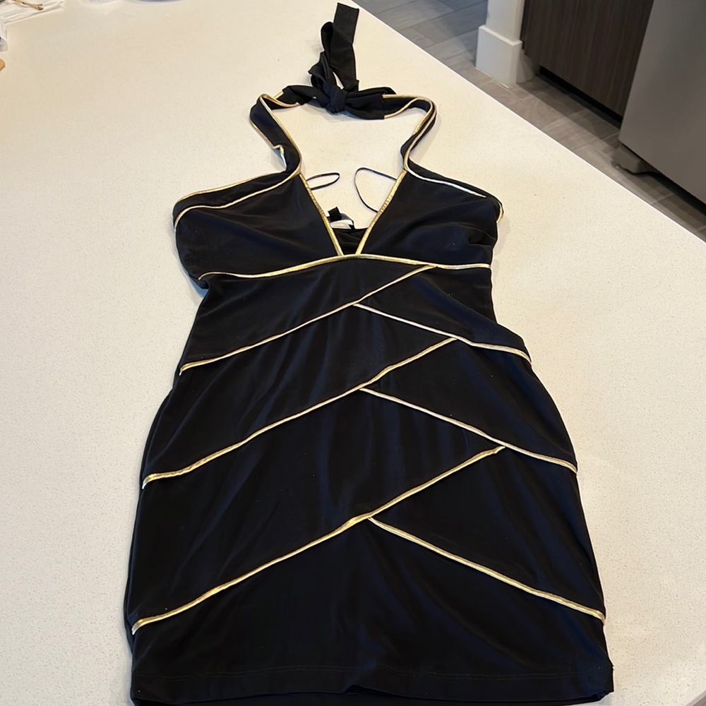 Symphony Black with Gold Accent Bodycon Halter Top Dress